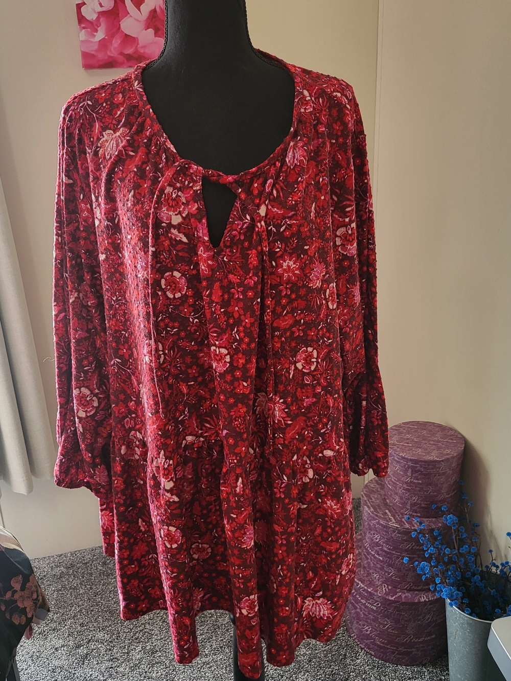 Lane Bryant Red Floral Long-Sleeve Tunic Top